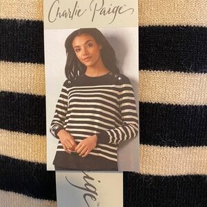 Charlie Paige Women's Striped Sweater Black Ivory Button Shoulder Size M